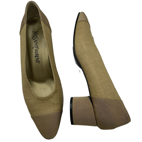Yves Saint Laurent YSL Size 6.5 Vintage Canvas High Heels Tan Woven Shoe Neutral - Picture 1 of 9